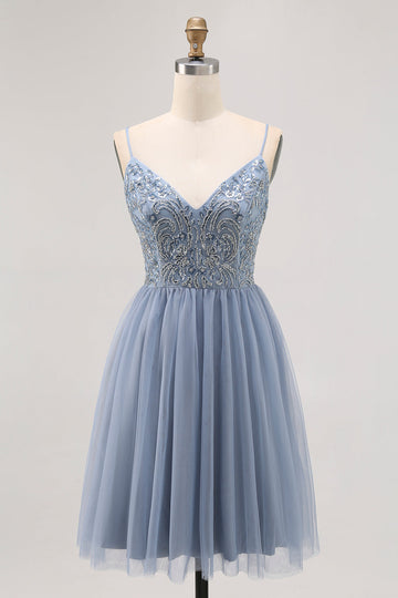 Sparkly Grey Blue Tulle A Line Short Cocktail Dress with Sequins